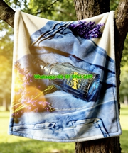 Versace Blue Jeans Perfume Print Flannel Throw Blanket Denim Blue Lavender Design IMG_1614